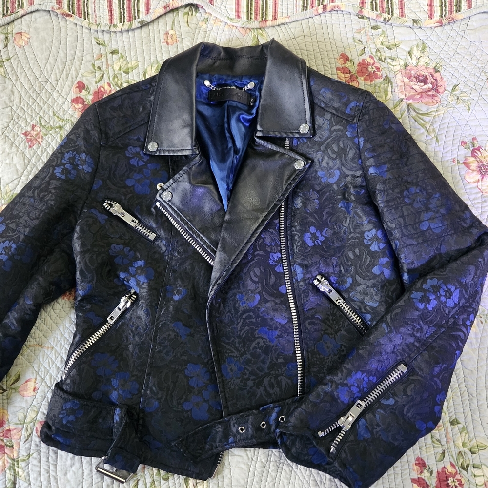 ABS ALLEN SCHWARTZ Blue Black Floral Brocade Moto Jacket